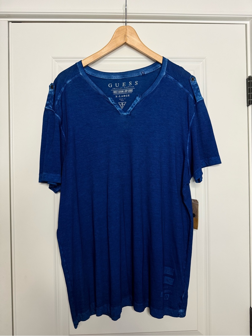 GUESS Men’s Short Sleeve V-Neck Tee in Royal Blue - Picture 1 of 5
